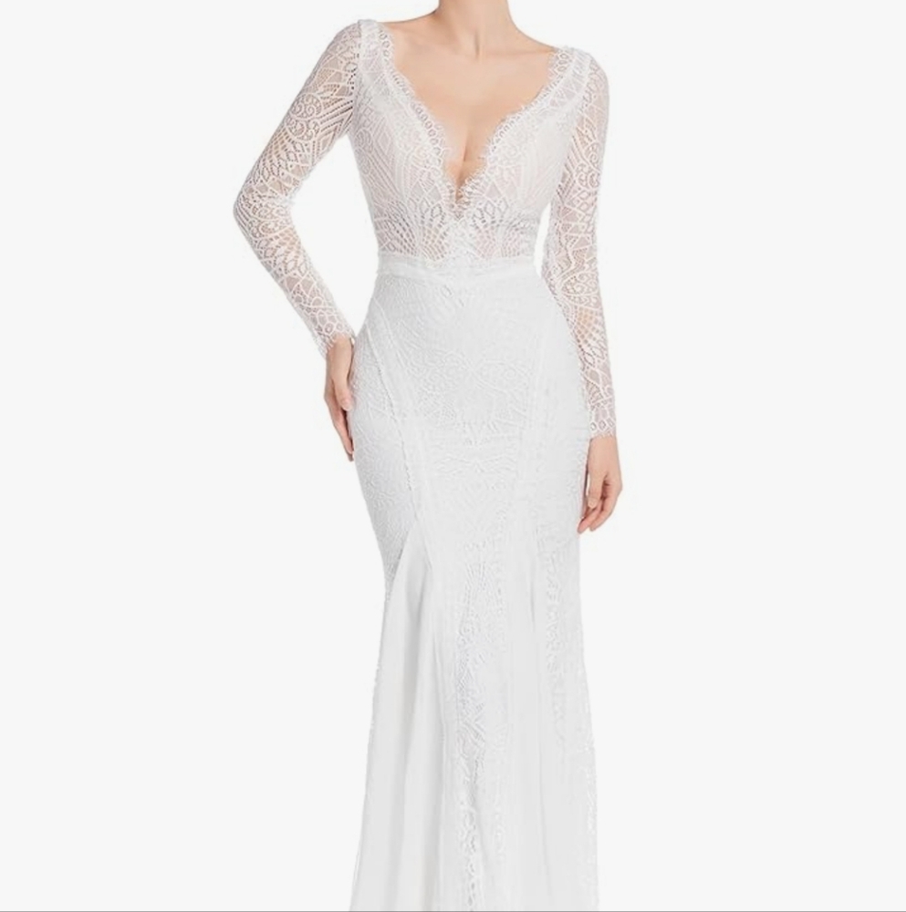 Embellished White Long Sleeve Plunge Bridal Gown